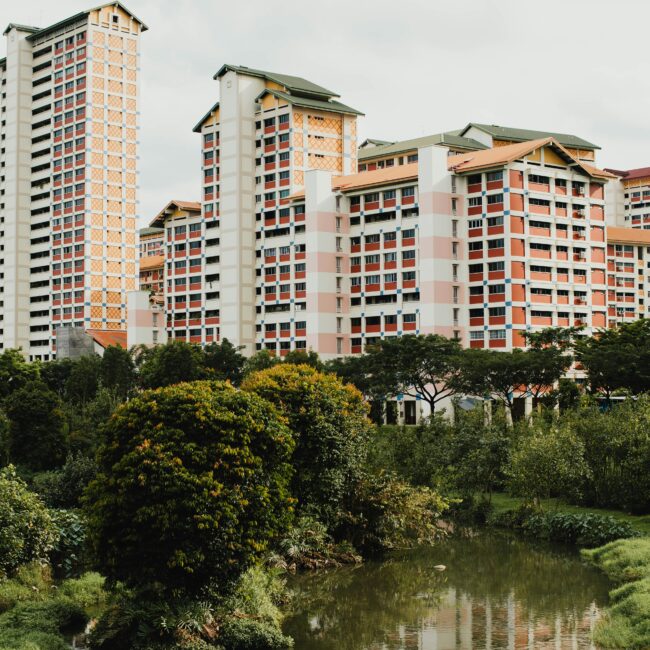 Block of flats lined with trees in the front