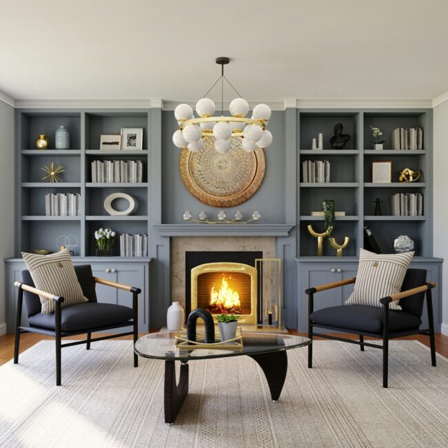 Black stylish living room with fire place