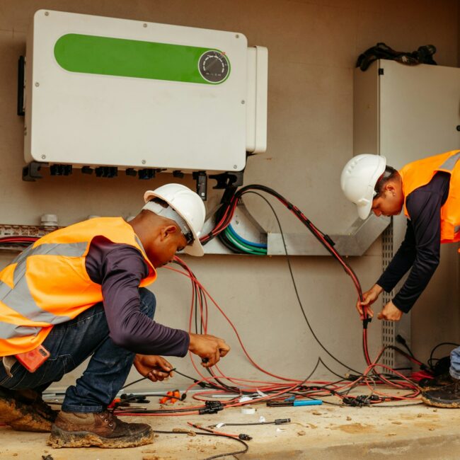 Workers installing an HVAC system in a partially constructed building with tools visible.