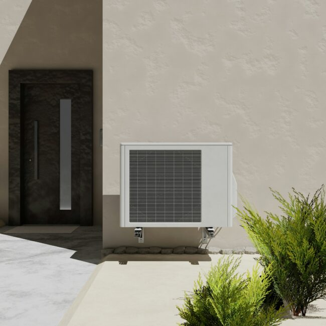 Outdoor HVAC unit placed on a concrete wall, surrounded by plants. The units casing and ventilation grills are clearly visible, with no debris or obstructions around it.